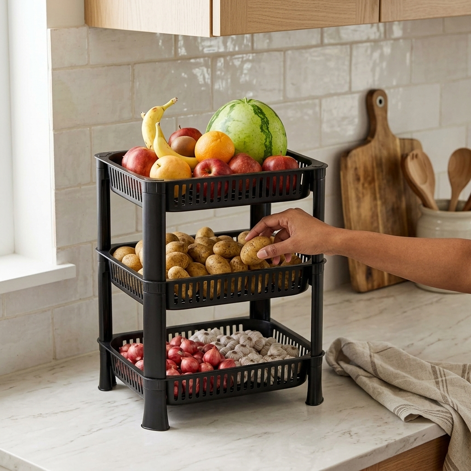 Assorted kitchen essentials and organizers